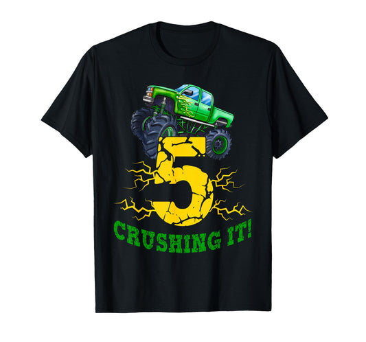 5 Years Old Boys Crushing It Monster Truck 5th Birthday Boy T-Shirt