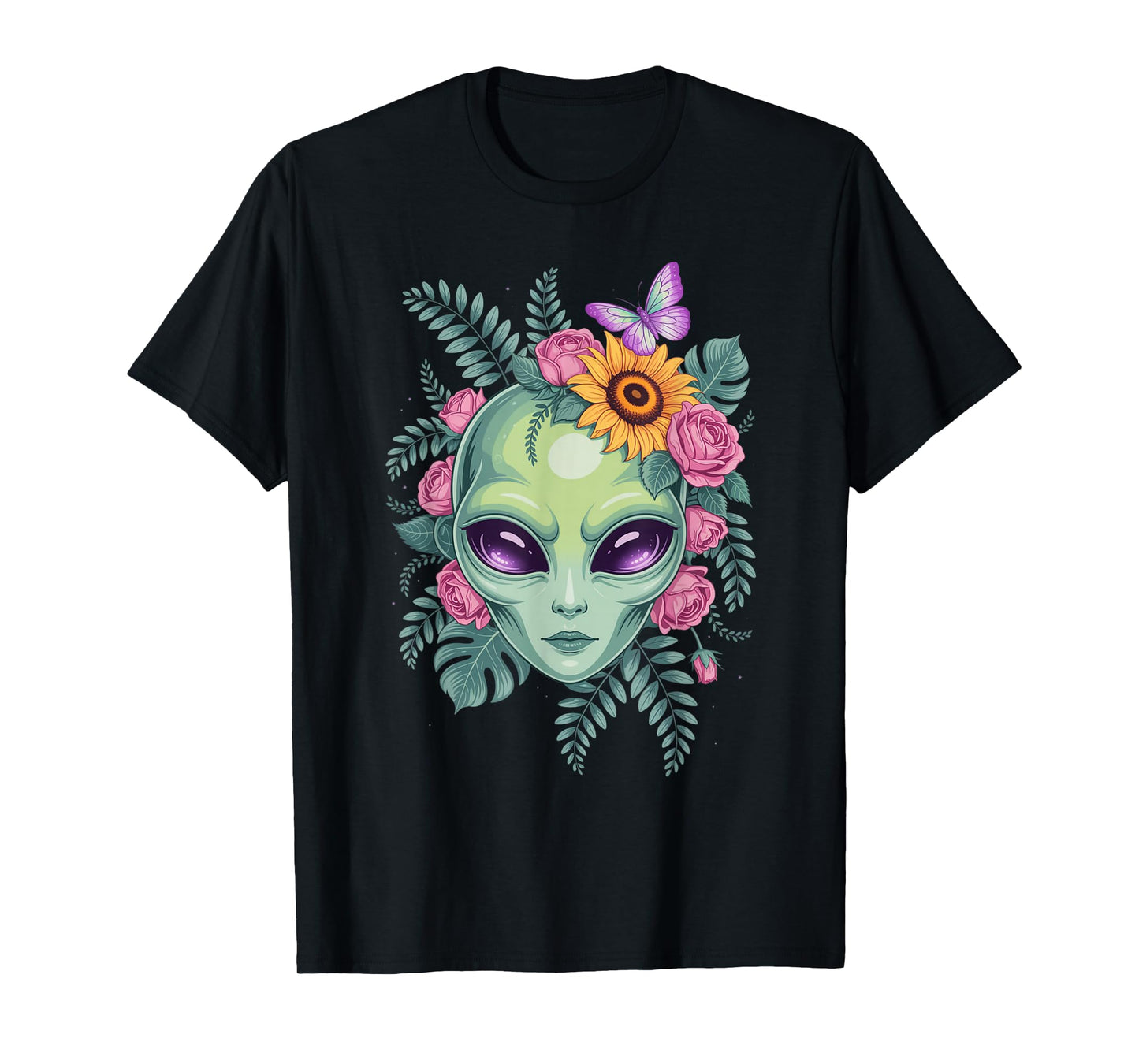 Mystical Alien Floral Graphic with Sunflower & Butterfly T-Shirt