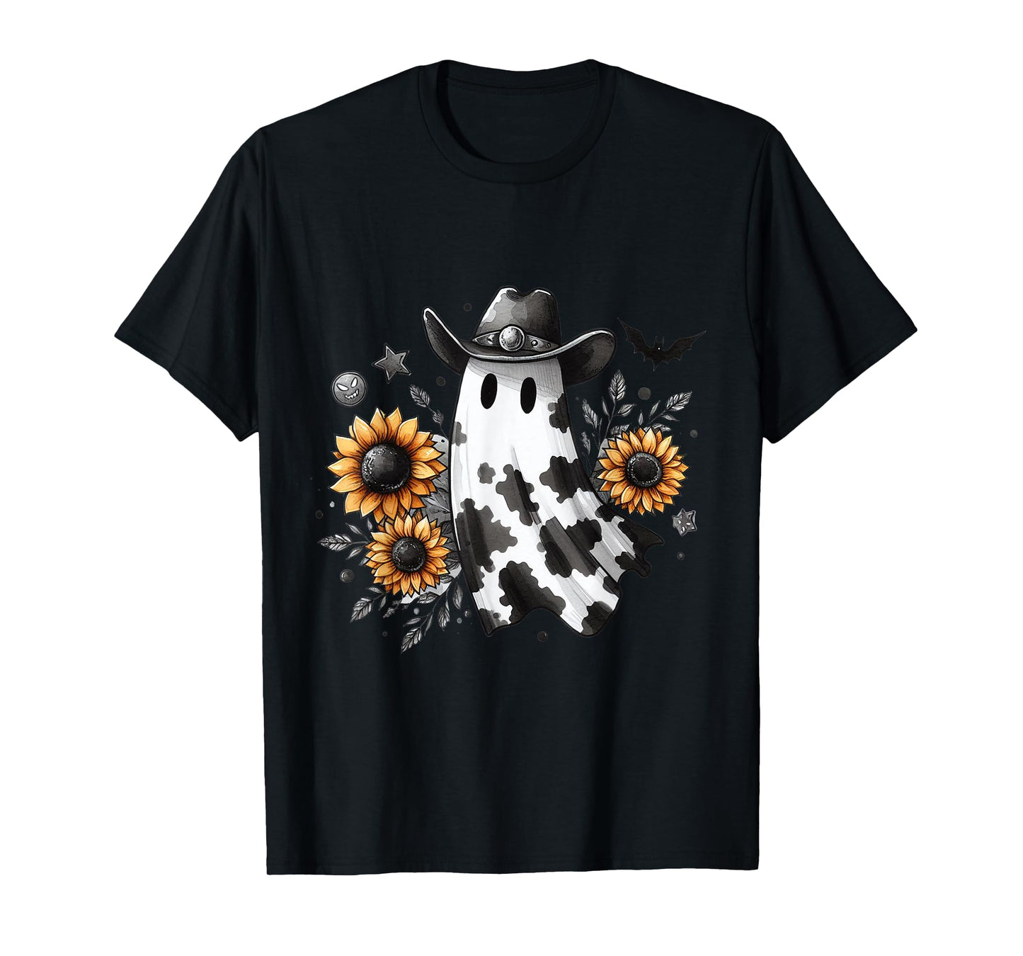 Cute Ghost in Cowboy Hat with Sunflowers Western Halloween T-Shirt