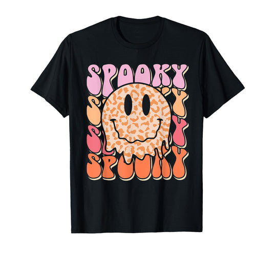 Groovy Halloween Spooky Leopard Smile Face Checkered T-Shirt