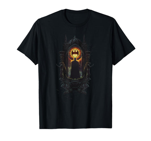 WB100 DC Comics Batman Stained Glass Dark Knight Silhouette T-Shirt