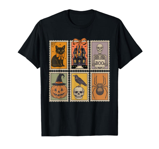 Vintage Halloween Stamp Cute Ghost Pumpkin Cat Retro Fall T-Shirt