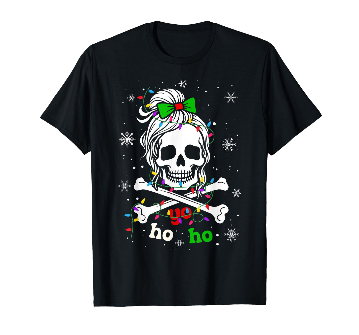 Yo Ho Ho Messy Bun Skeleton Skull Christmas Girls Women Xmas T-Shirt