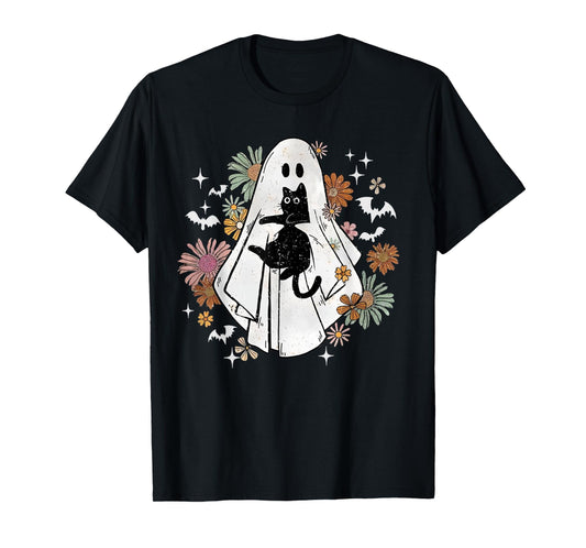 Spooky Ghost Holding Black Cat Groovy Floral Halloween Goth T-Shirt