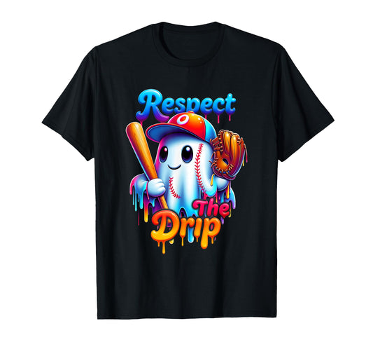 Ghost Baseball Spots Cool Halloween Ice Cream Drip T-Shirt