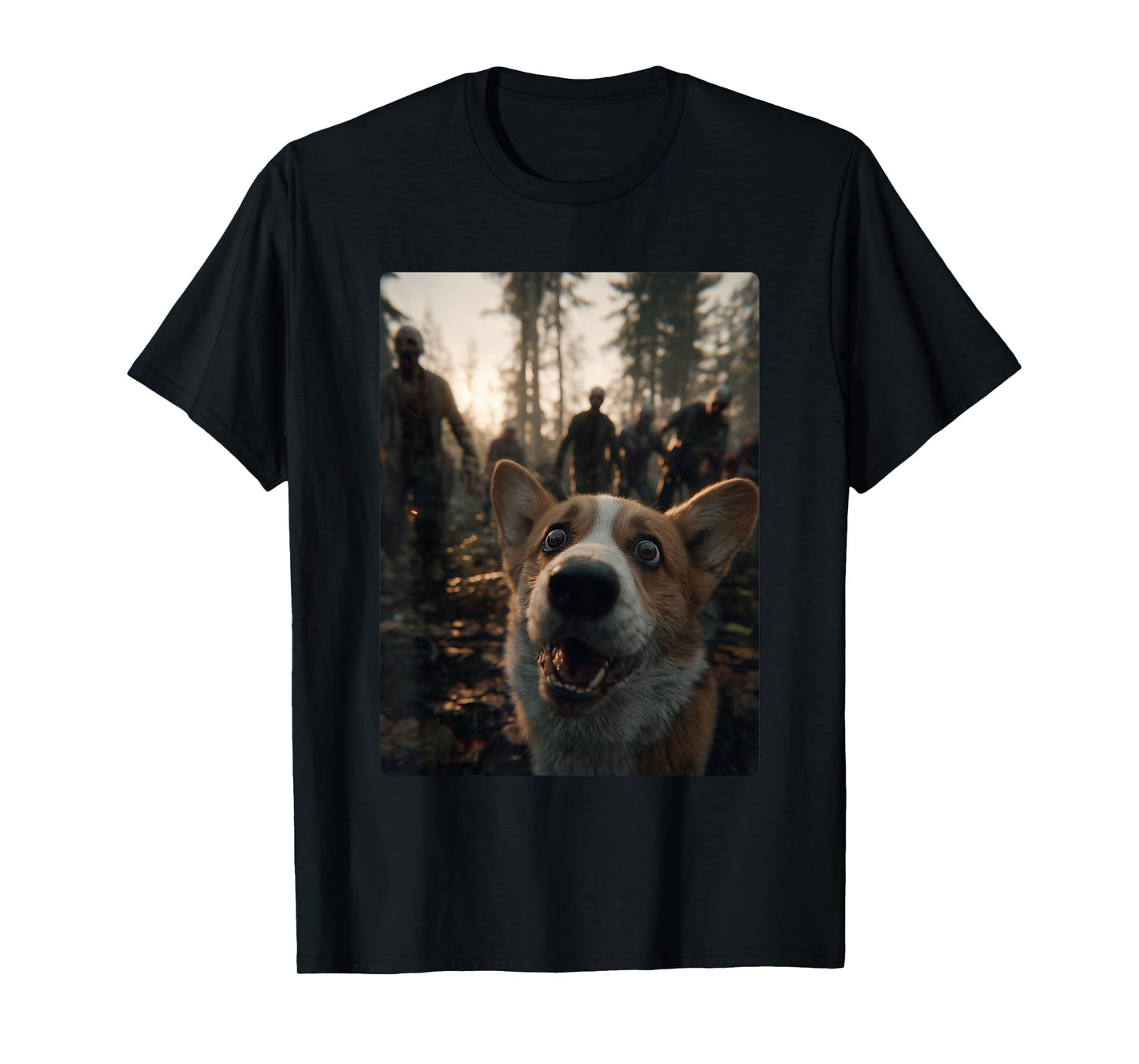 Funny Corgi Selfie with Zombies Spooky Forest Halloween Dog T-Shirt