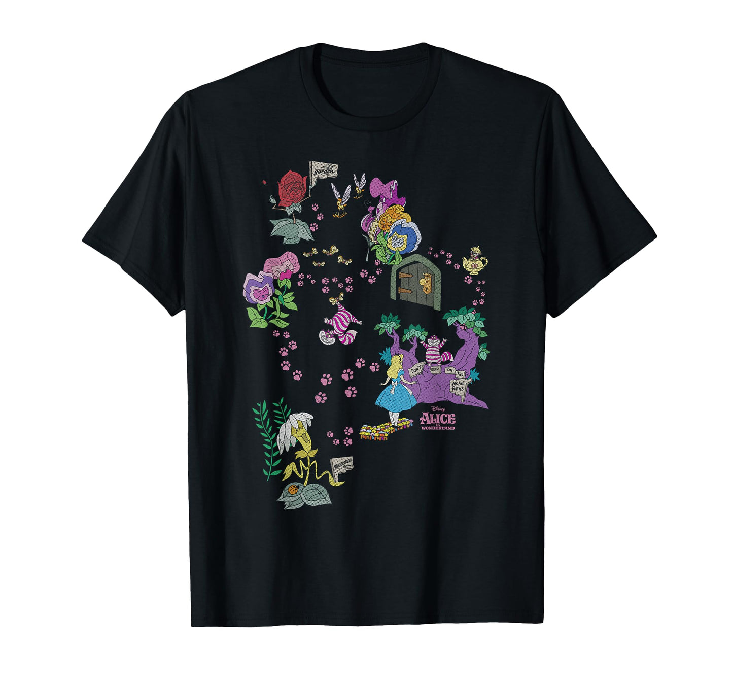 Disney Alice in Wonderland Cheshire Cat Paw Prints Map T-Shirt Small