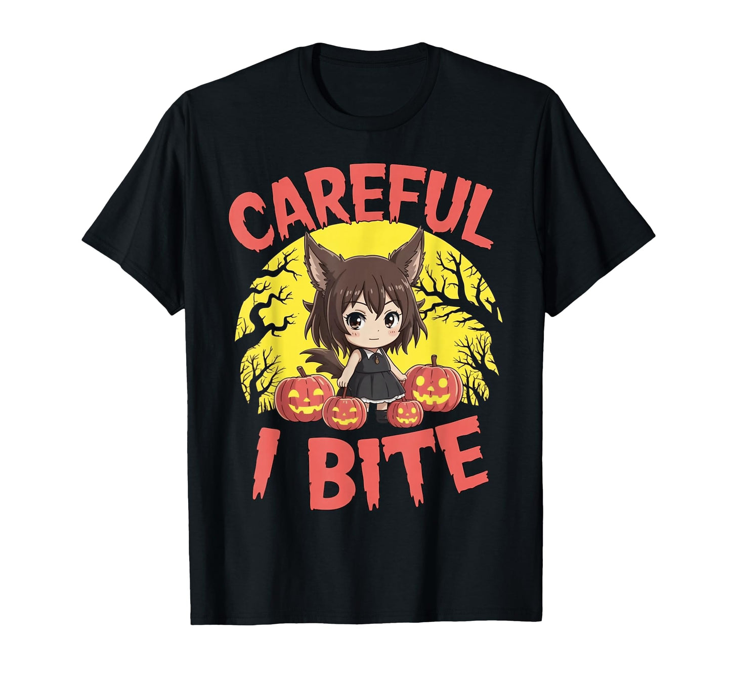 Halloween Anime Werewolf Girl Careful I Bite Cute Kids Wolf T-Shirt