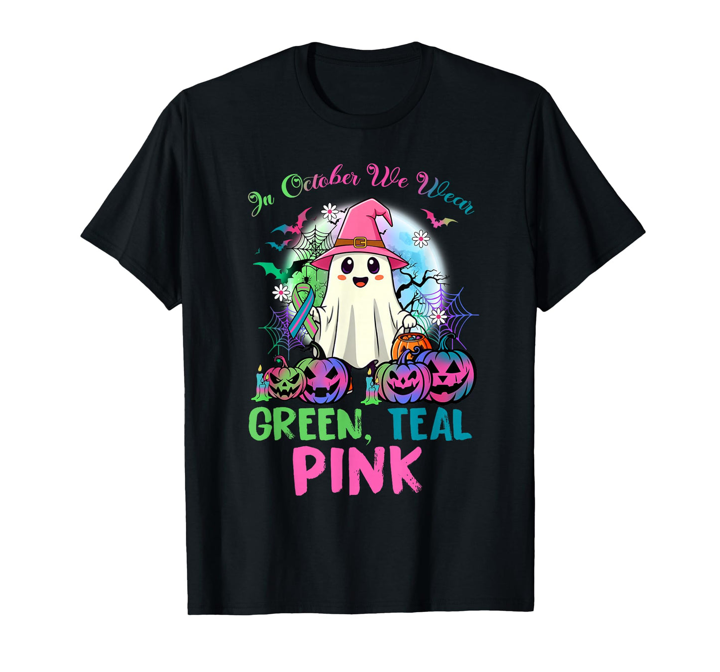 in October We Wear Teal Pink Halloween Metastatic Breast Can T-Shirt