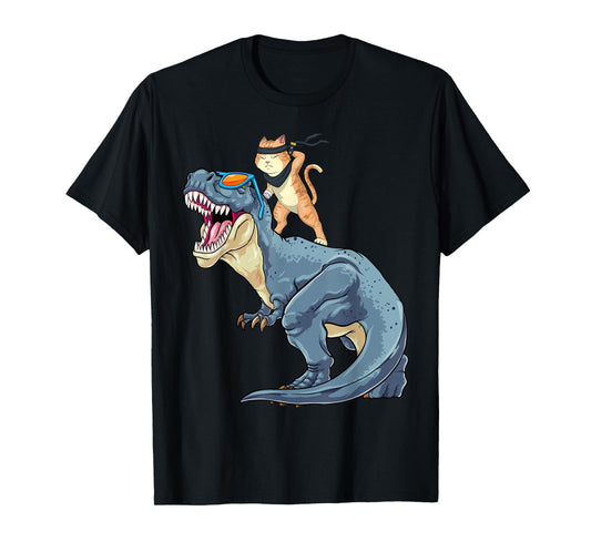 Samurai Cat Shirt - Retro Ninja Japanese Cat Dinosaur T-Rex T-Shirt