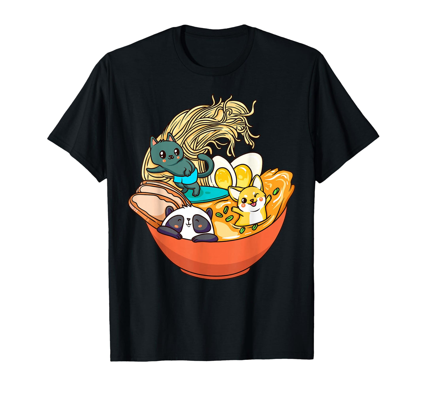 Cute Kawaii Cat Ramen Bowl Japanese Anime Panda Dog Noodle T-Shirt