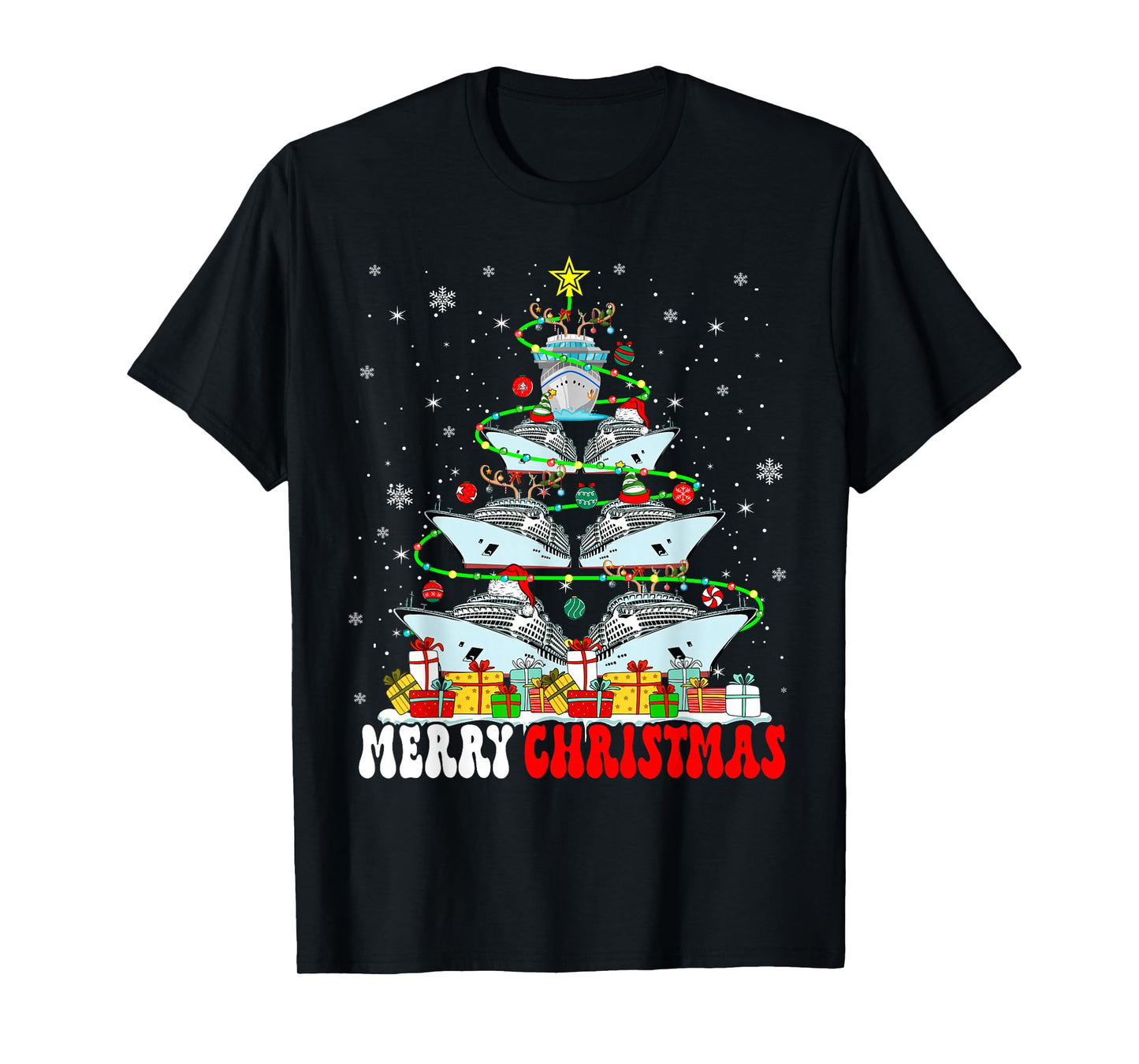 Merry Christmas Reindeer Elf Santa Cruise Ships Xmas Tree T-Shirt