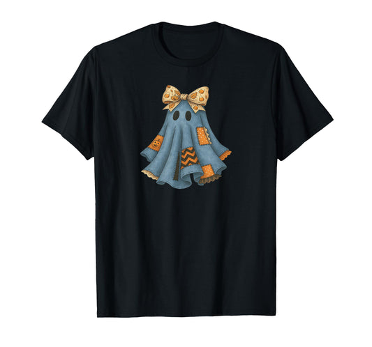 Girls Coquette Ghost Halloween Plaid Ghost Patchwork Ghost T-Shirt