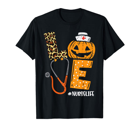 Love Nurse Pumpkin Leopard Fall Halloween Thanksgiving Women T-Shirt