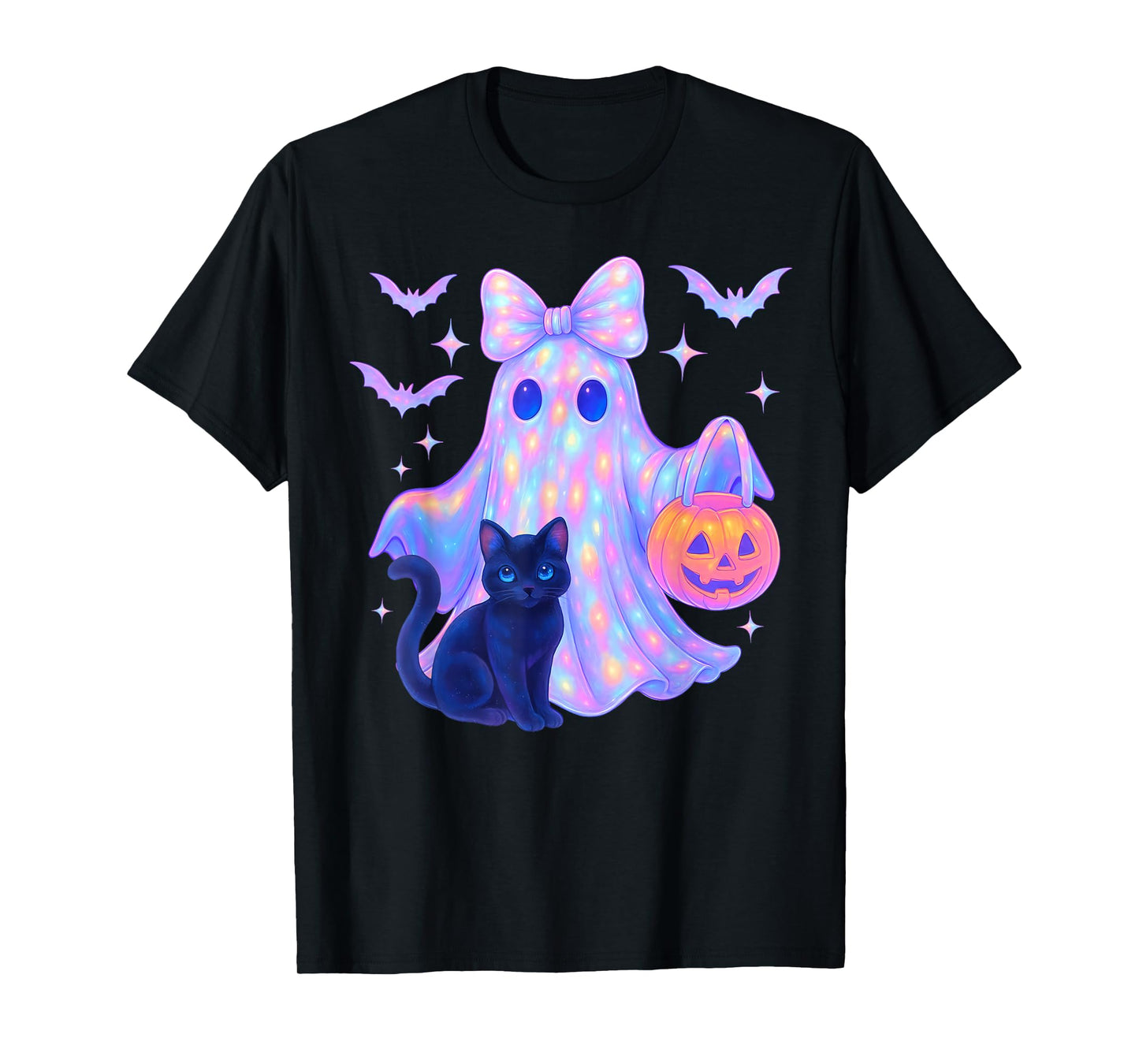 Floral Colorful Ghost Black Cat Coquette Bow Halloween Women T-Shirt