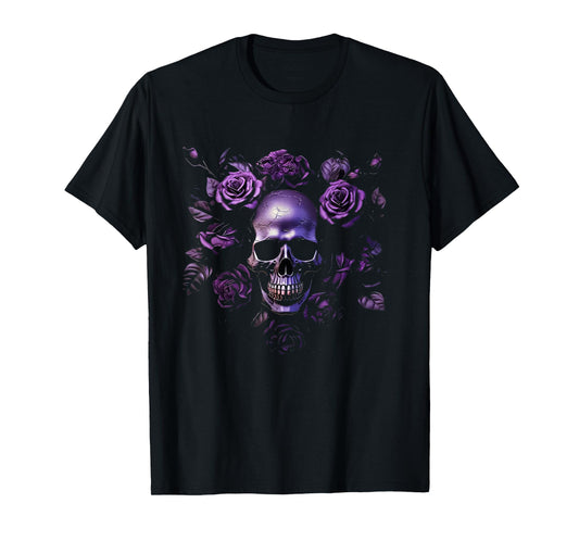 Skull with Purple Roses Gothic T-Shirt