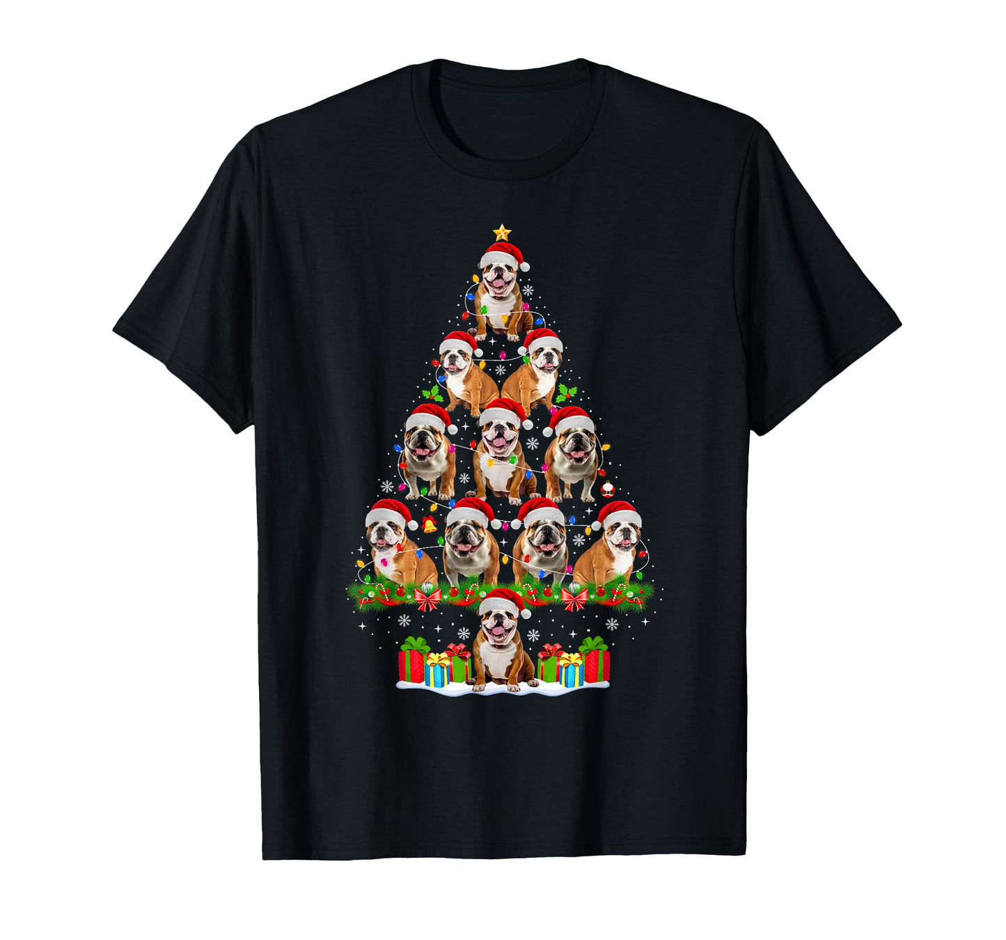 English Bulldog Dog Christmas Tree Lights Funny Xmas Pajamas T-Shirt