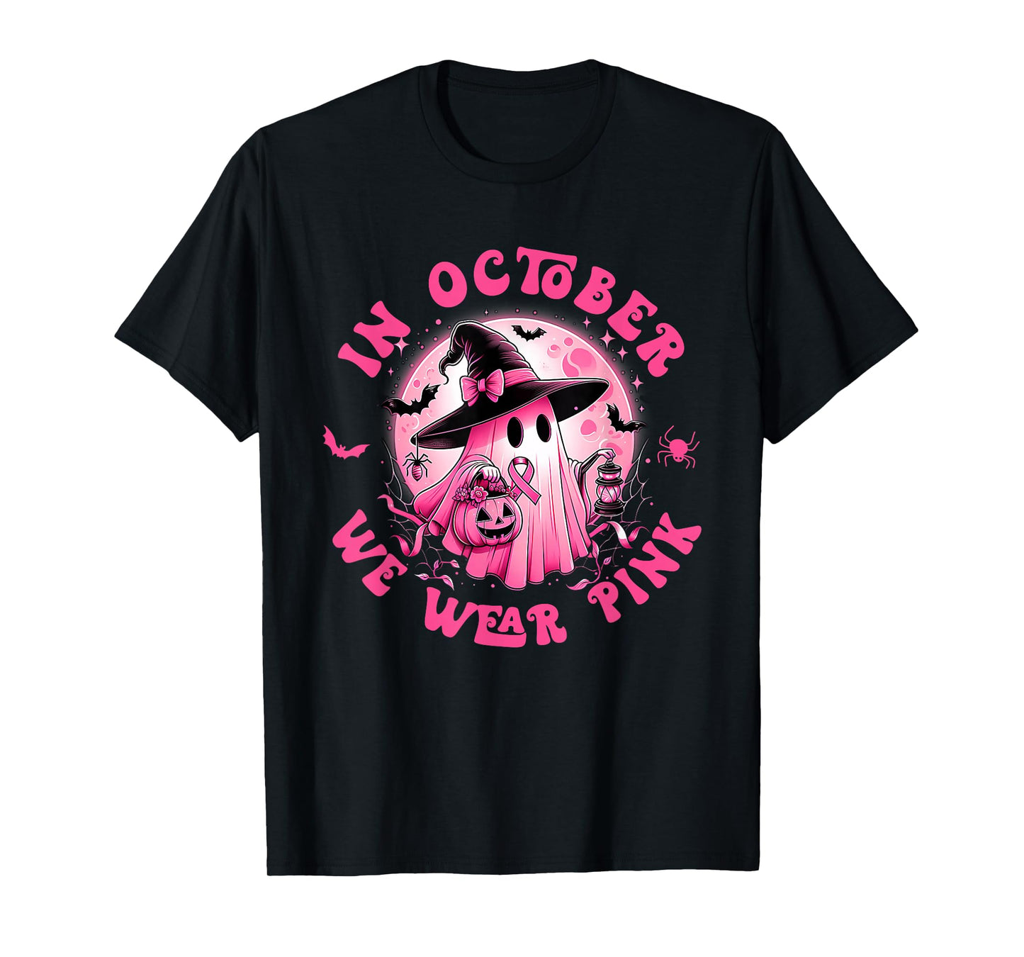 in October We Wear Pink Ghost Witch Breast Cancer Awareness T-Shirt