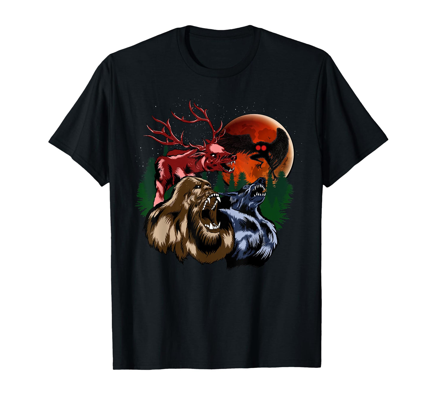 Three Cryptid Moon - Sasquatch, Dogman, Wendigo, Mothman T-Shirt