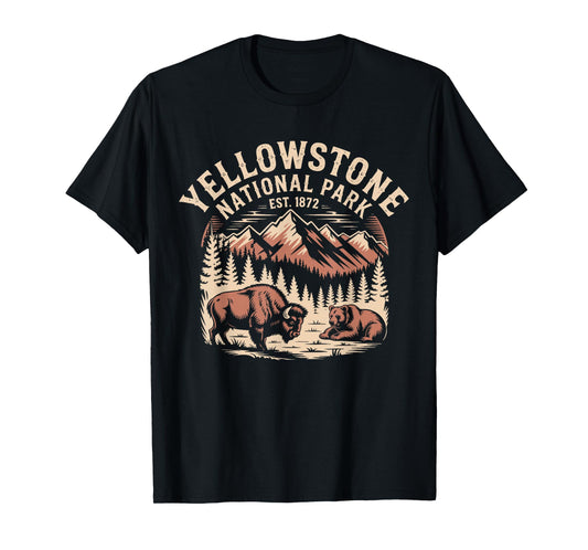 Yellowstone US National Park Bison Bear Vintage T-Shirt