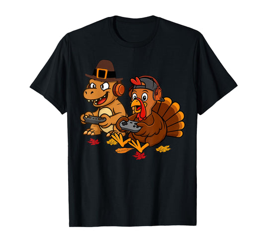 Thanksgiving Gaming Fall Turkey Dinosaur Gamer Boys Men T-Shirt