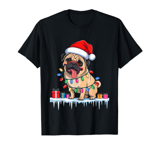 Pug Dog Tree Christmas Lights Funny Xmas Pajamas Dog Lover T-Shirt
