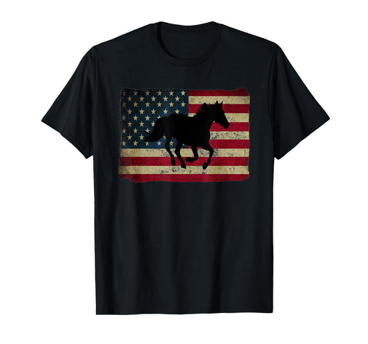 Patriotic Distressed American Flag Black Horse T-Shirt