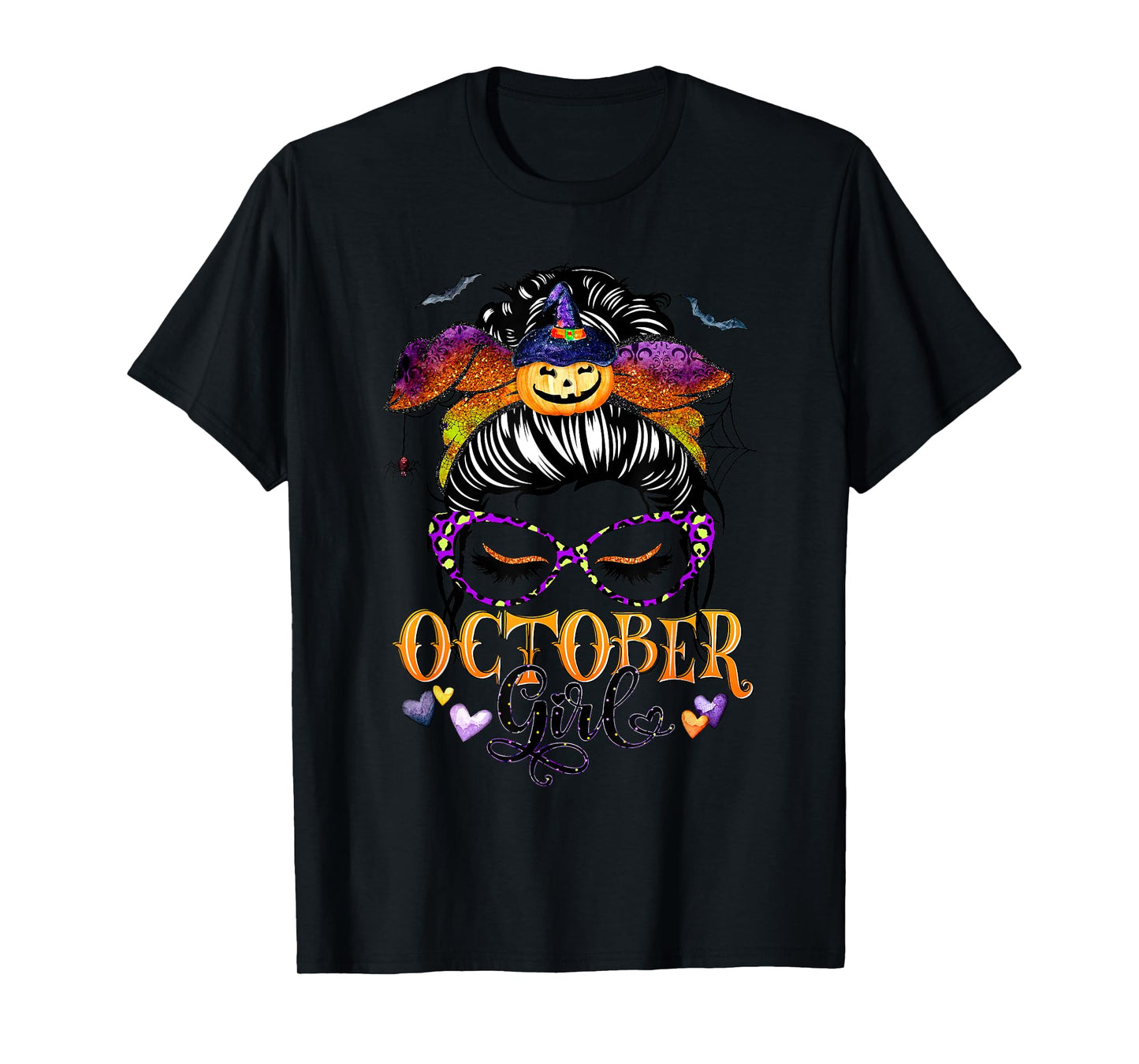 October Girl Halloween Messy Bun Lady Hair Glasses Leopard T-Shirt