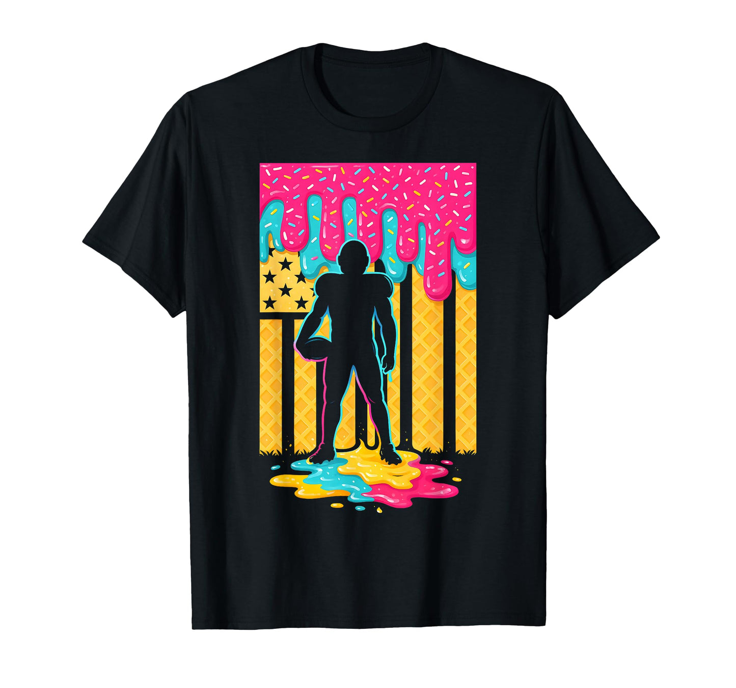 Football Ice Cream Drip Boys Football Player American Flag T-Shirt