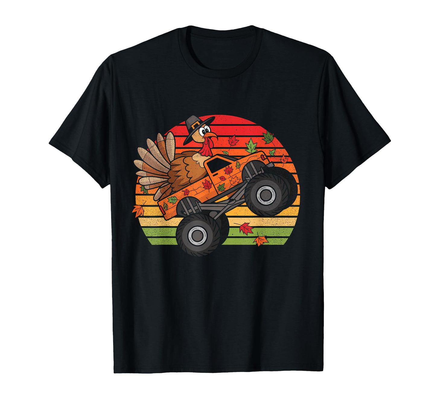 Kids Monster Truck Turkey Sunset Retro Thanksgiving Boy Kid T-Shirt