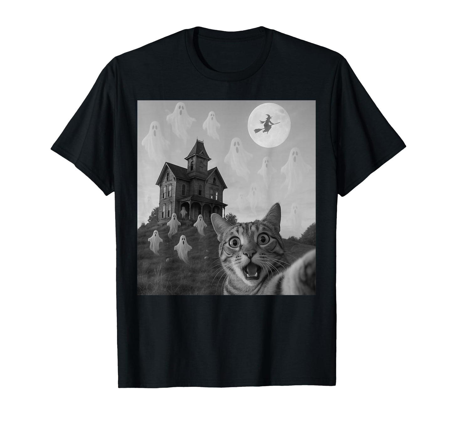 Halloween Cat Selfie Scary House Ghosts Funny Cat Halloween T-Shirt