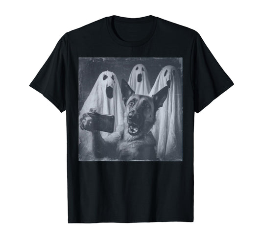 Funny Belgian Malinois Selfie Halloween Ghost Retro T-Shirt