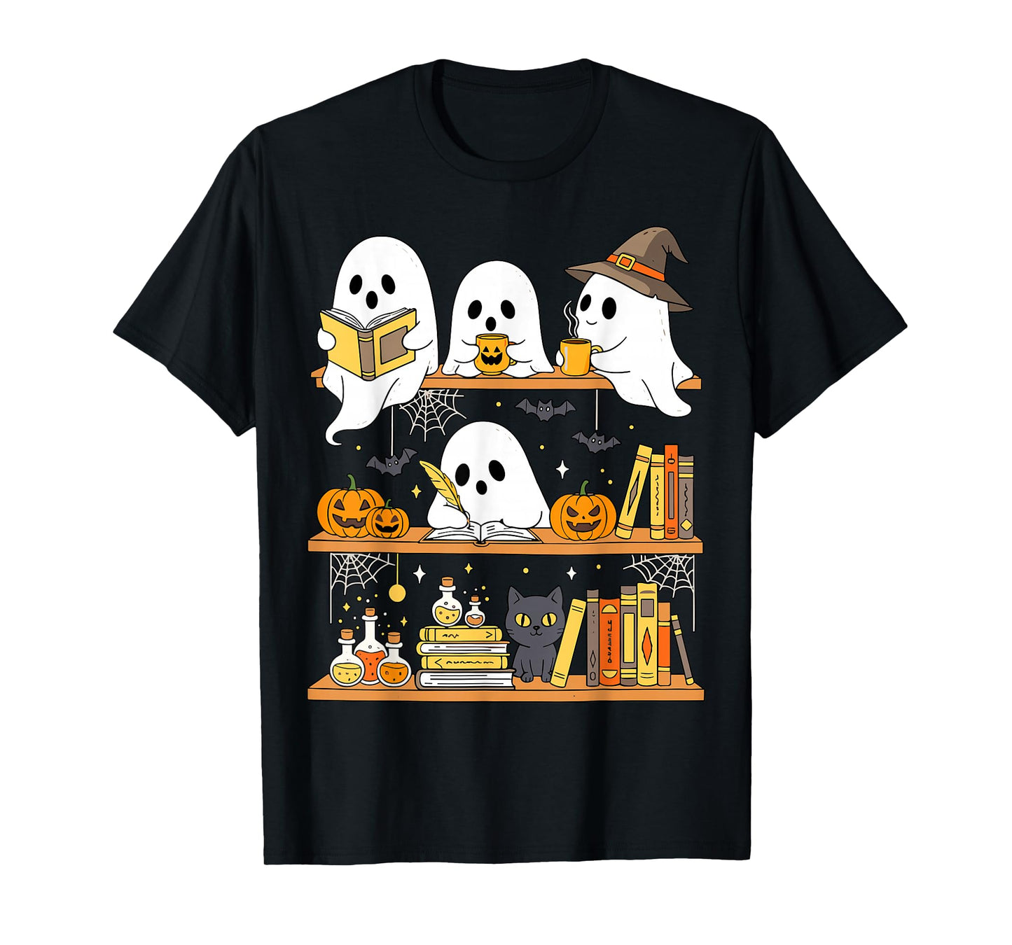 Cute Halloween Ghost Bookshelf Cat Book Lover T-Shirt