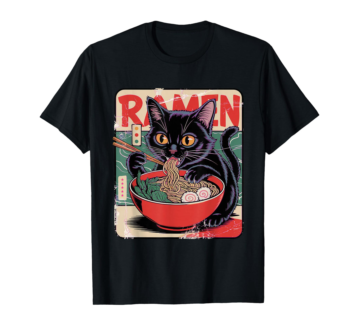 Cat Ramen Anime Design For Women Men Kids Adults Funny Cat T-Shirt