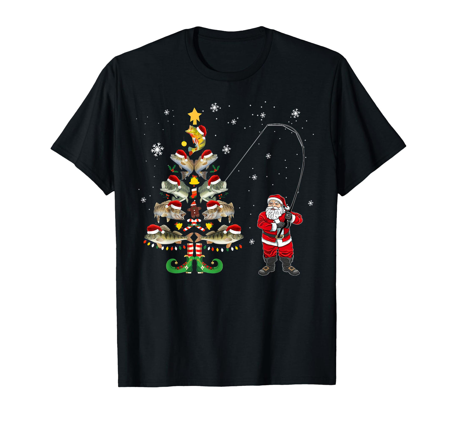 Fishermans Christmas Pajama Gift Tree Lights Merry Fishmas T-Shirt