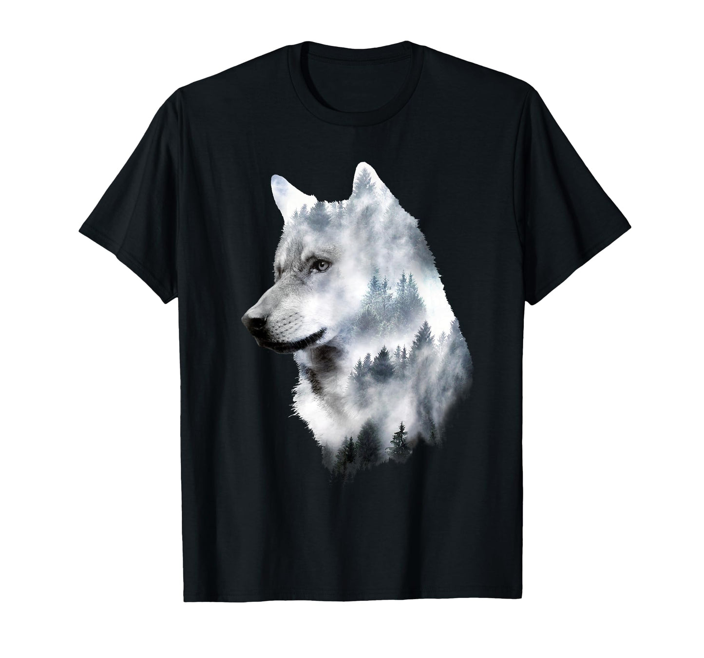 Dramabite Double Exposure Wolf T-Shirt - Men's Unisex Black Small Classic Fit Short Sleeve Animal-Wolf Graphic T-Shirt
