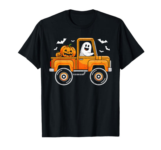 Funny Halloween Ghost Riding Monster Truck Pumpkin Boys Kids T-Shirt