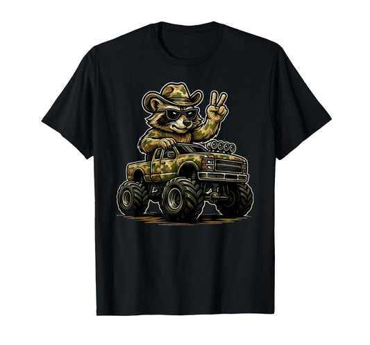 Camo Raccoon Monster Truck Western Camo Cowboy Raccoon T-Shirt