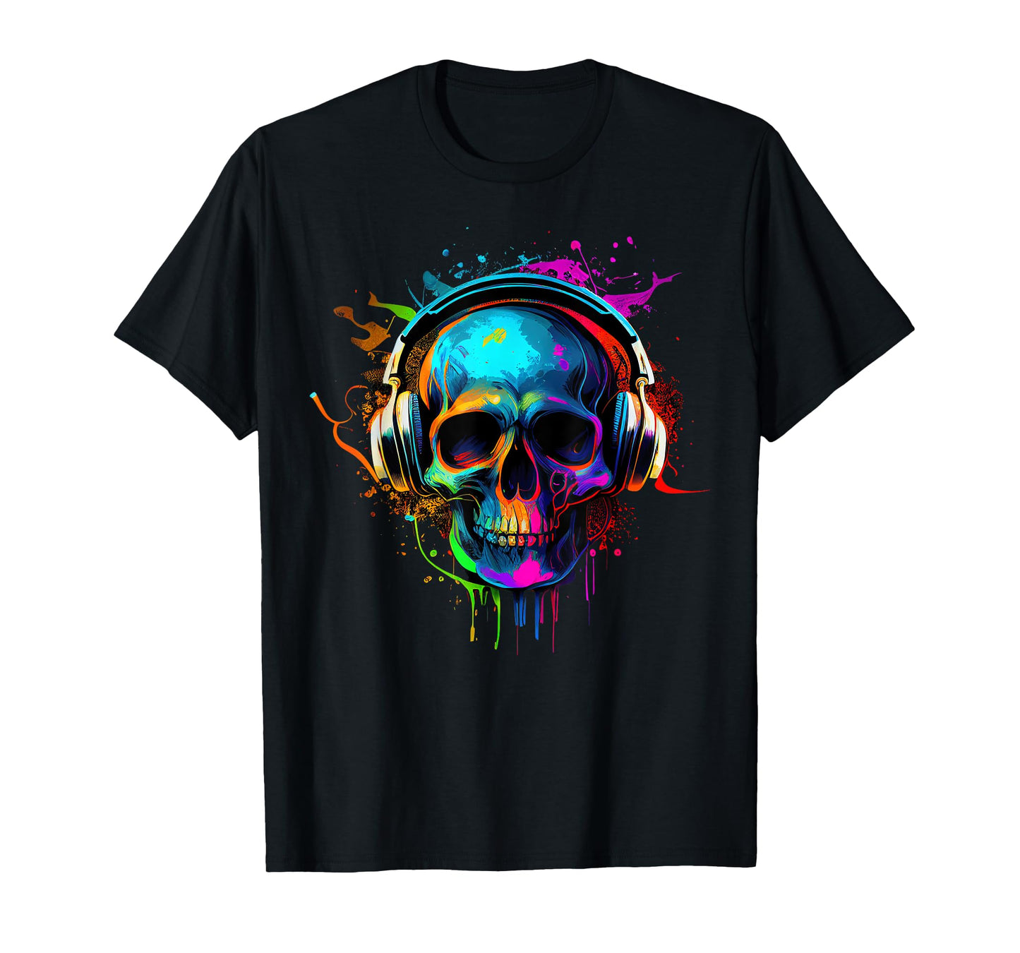 Skull Wearing Headphones Grunge Teen Gamer Rainbow Graffiti T-Shirt