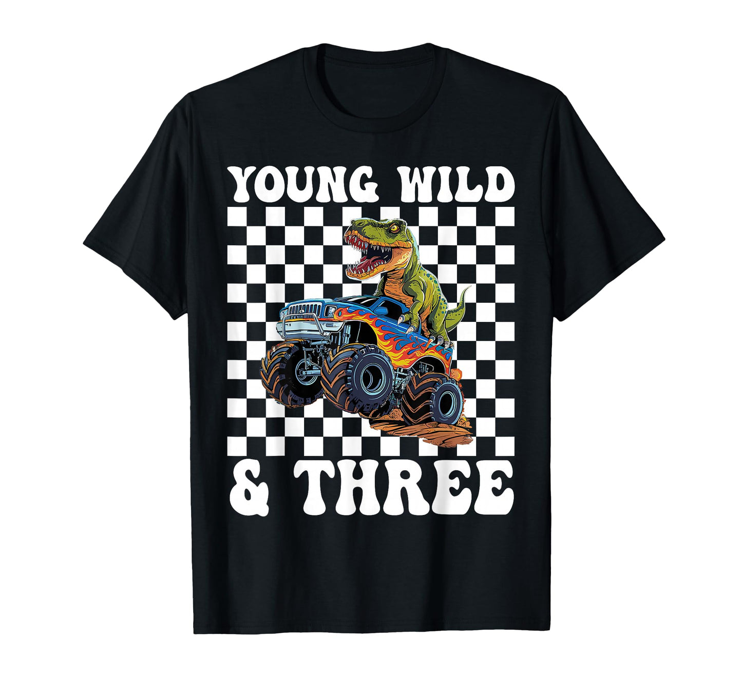 3rd Birthday Boy Young Wild and Three Monster Truck Dinosaur T-Shirt