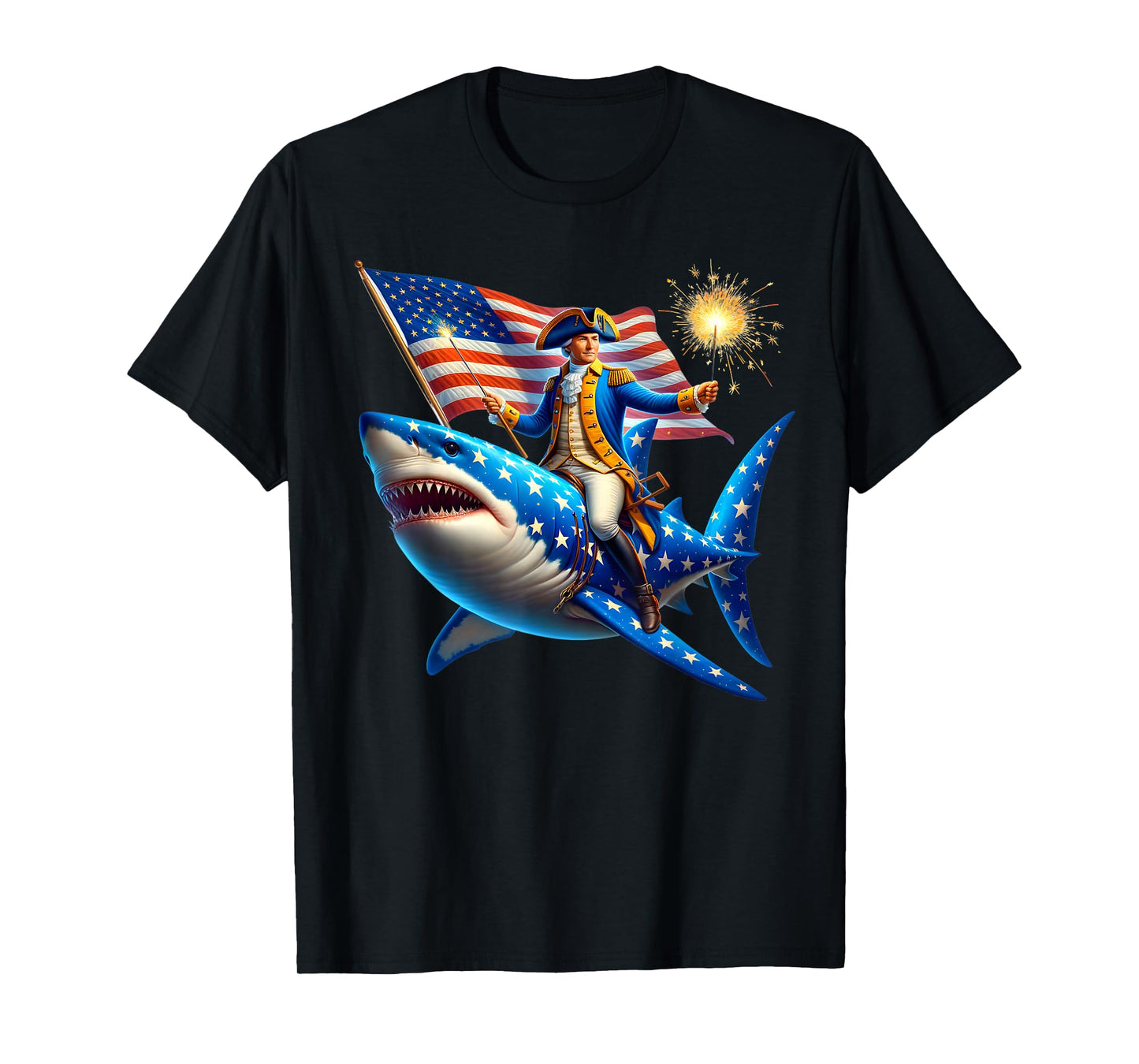 Washington Riding Shark Funny July 4th American Flag Patriot T-Shirt