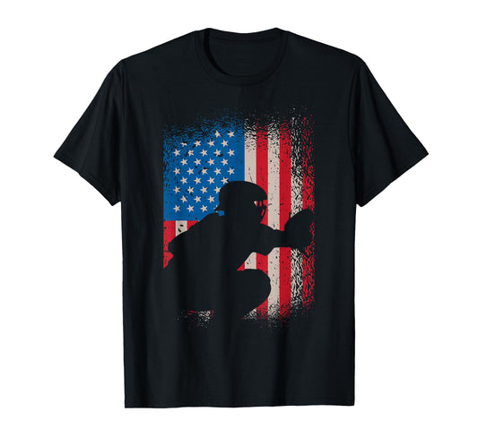 American Flag Baseball Catcher Design - USA Flag Baseball T-Shirt