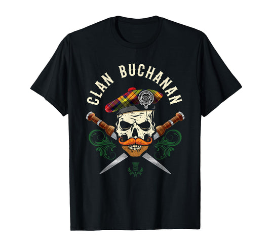 Buchanan Surname Scottish Clan Skull Tam Dirks Tartan Badge T-Shirt