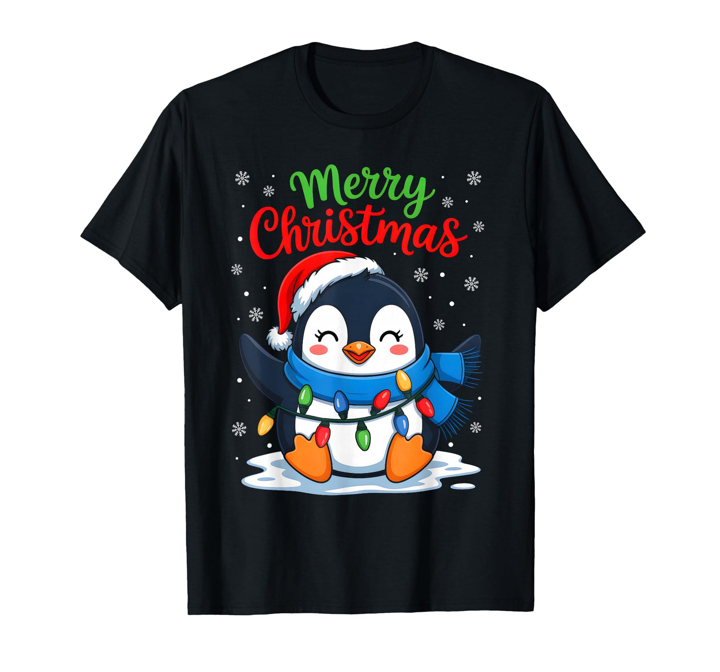 Merry Christmas Penguin Santa Hat Xmas Light Family Matching T-Shirt