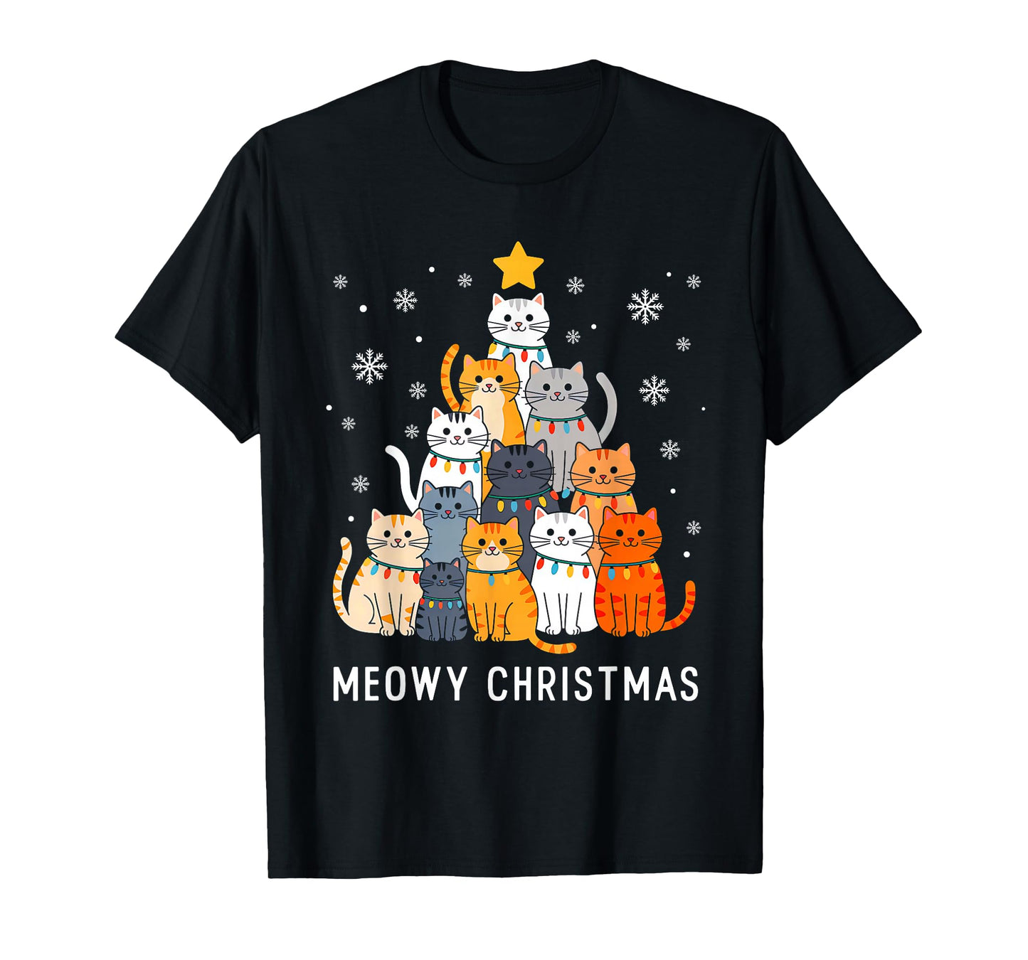 Cute Cat Meowy Christmas Tree Lights Santa Hat Xmas Pajamas T-Shirt