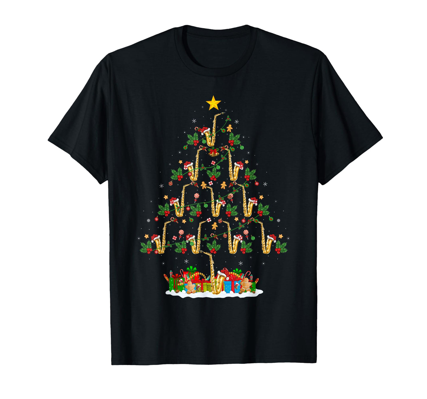 Saxophone Christmas Tree Lights Funny Jazz Music Lover Xmas T-Shirt