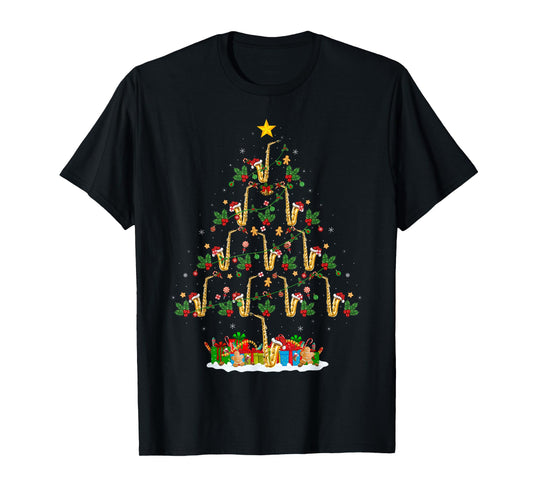 Saxophone Christmas Tree Lights Funny Jazz Music Lover Xmas T-Shirt