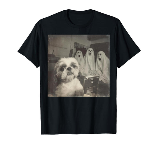 Shih Tzu Selfie with Ghosts Funny Halloween Retro Dog T-Shirt
