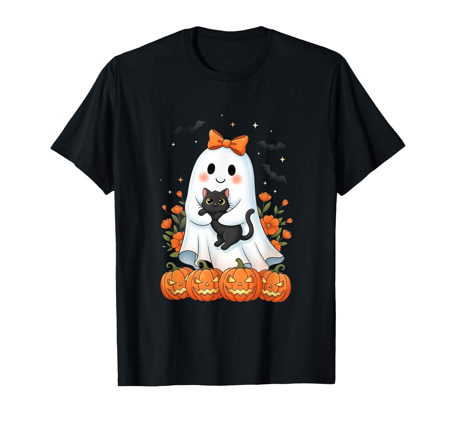 Cute Ghost Holding Black Cat Pumpkins Autumn Halloween T-Shirt
