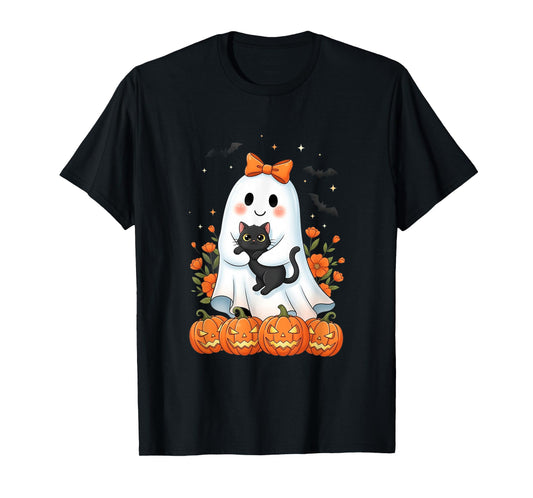 Cute Ghost Holding Black Cat Pumpkins Autumn Halloween T-Shirt
